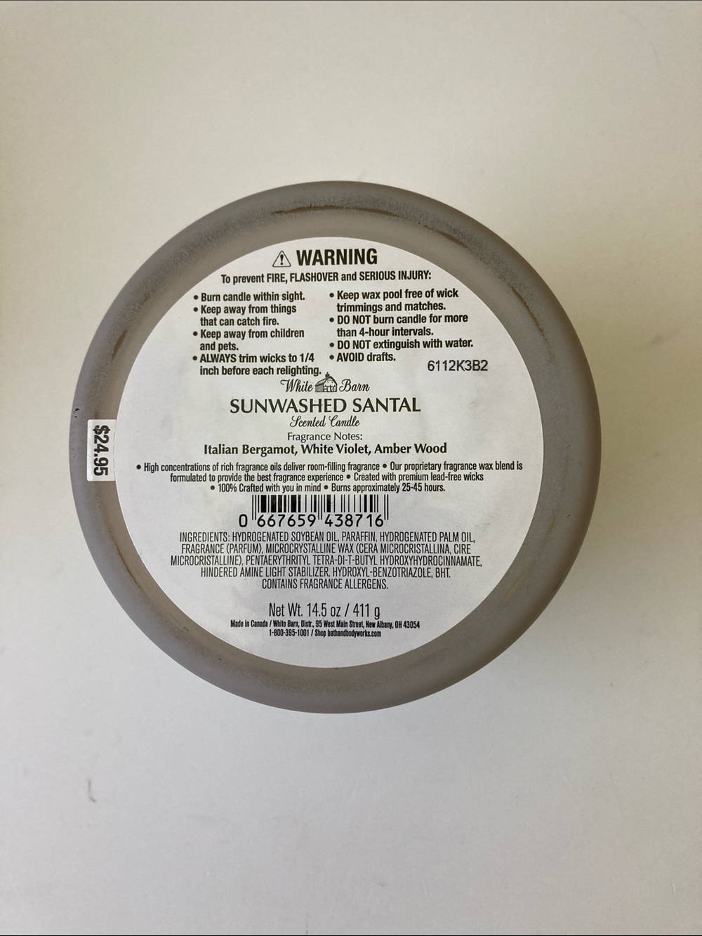 Sunwashed Santal Candle White Barn Bath & Body Works 3 Wick 14.5 oz - Picture 2 of 3